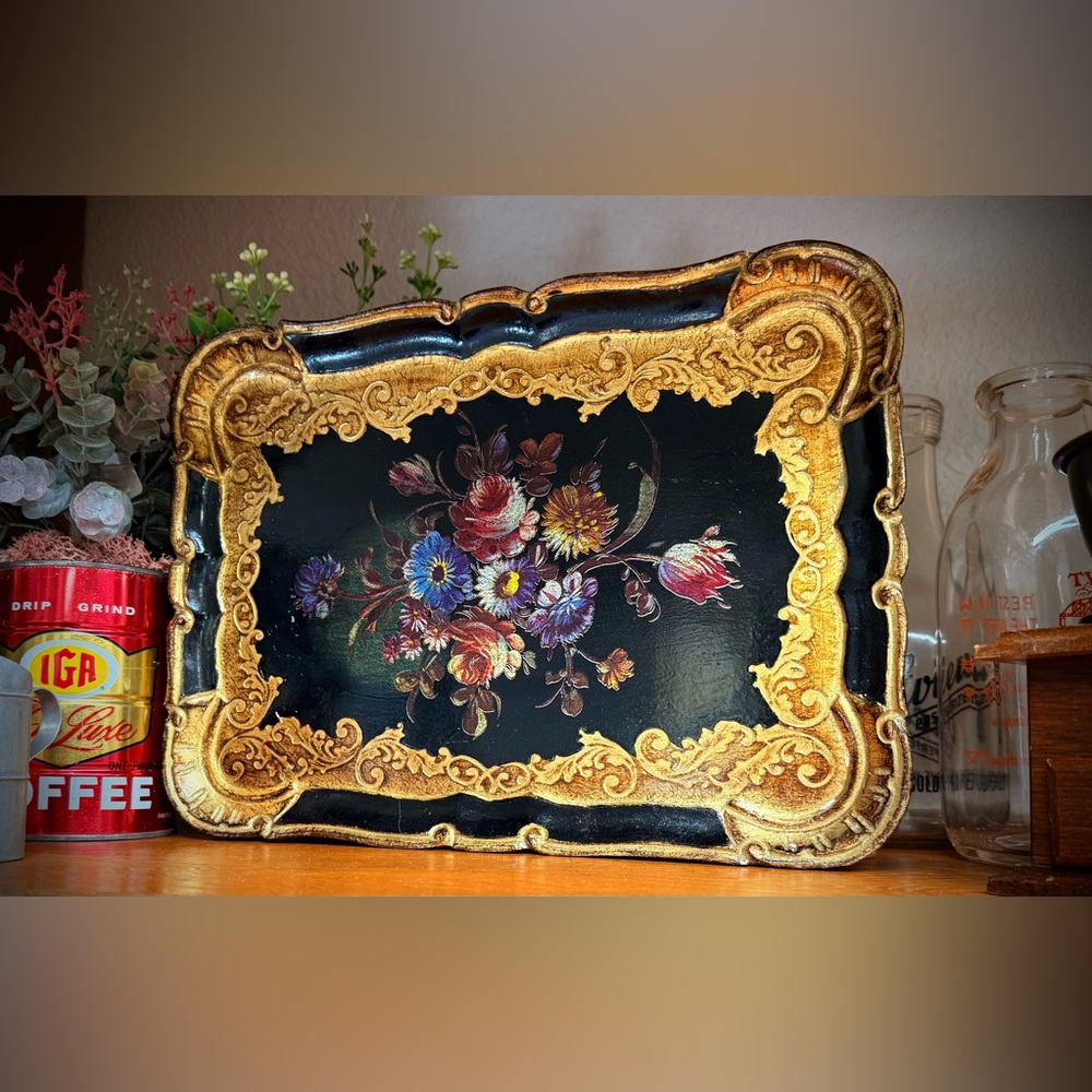 Vintage Black & Gold Italian Floral Decorative Wood Tray